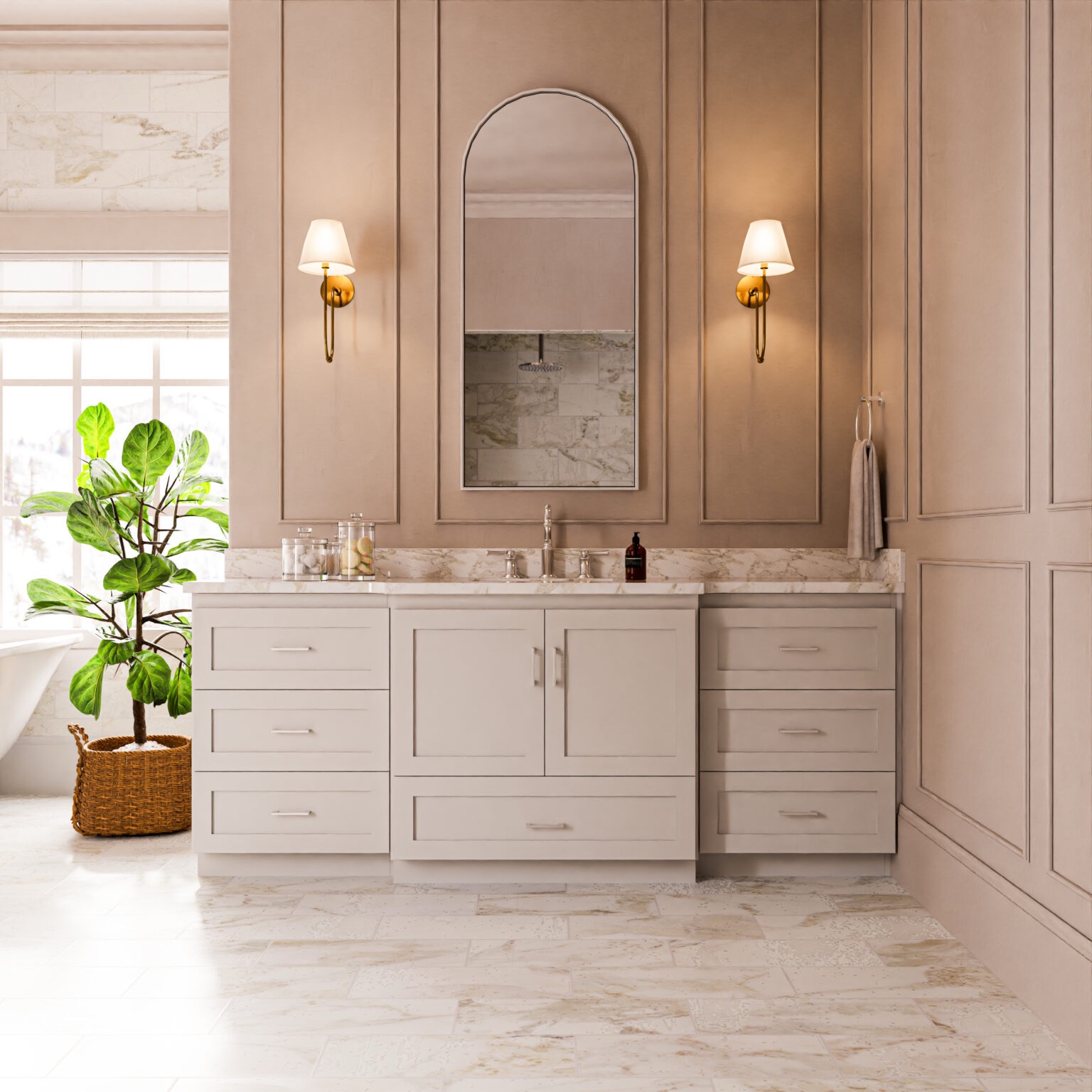 Classic white vanity with arched mirror and brass sconces