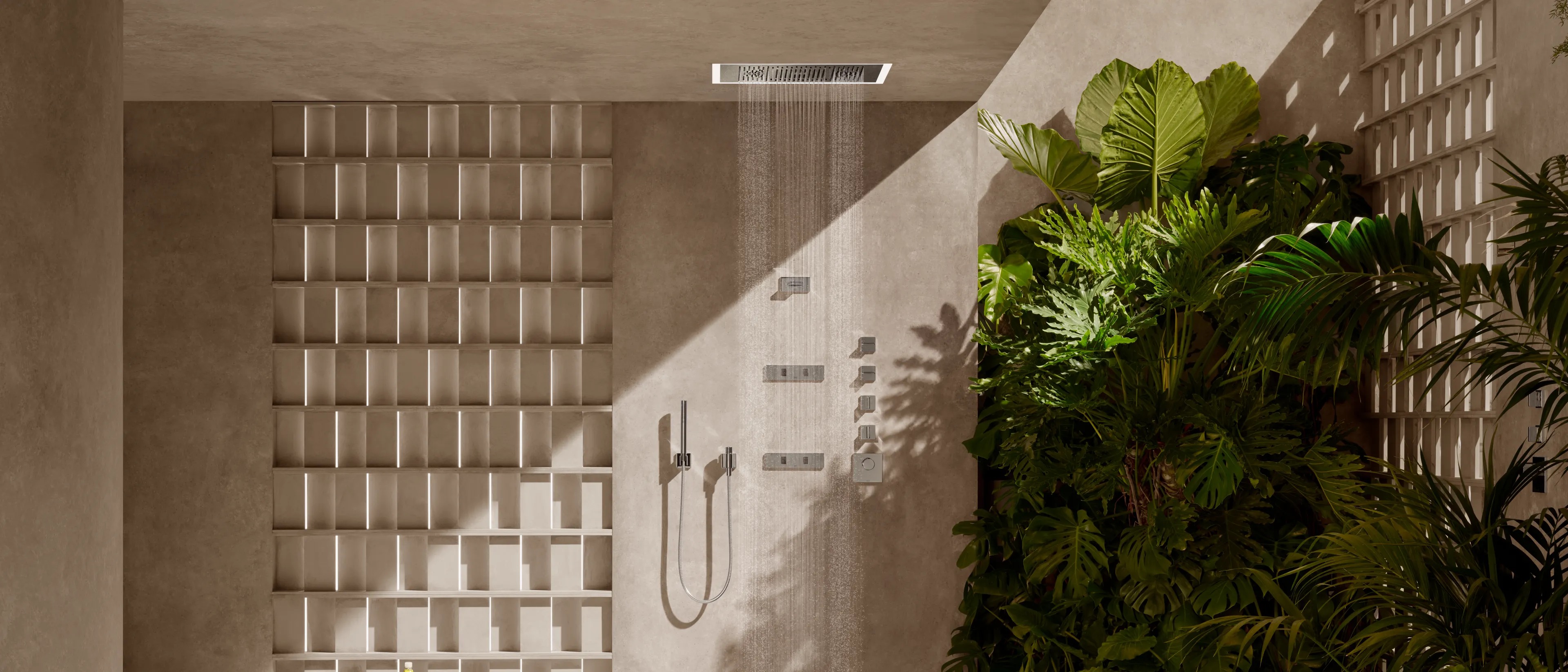Outdoor rain shower with tropical plants and concrete walls