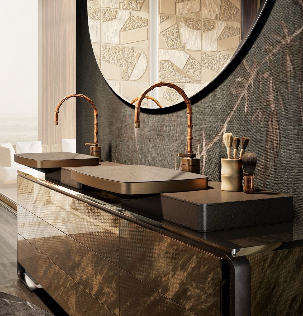 Bronze double vanity with bamboo faucets and textured mirror